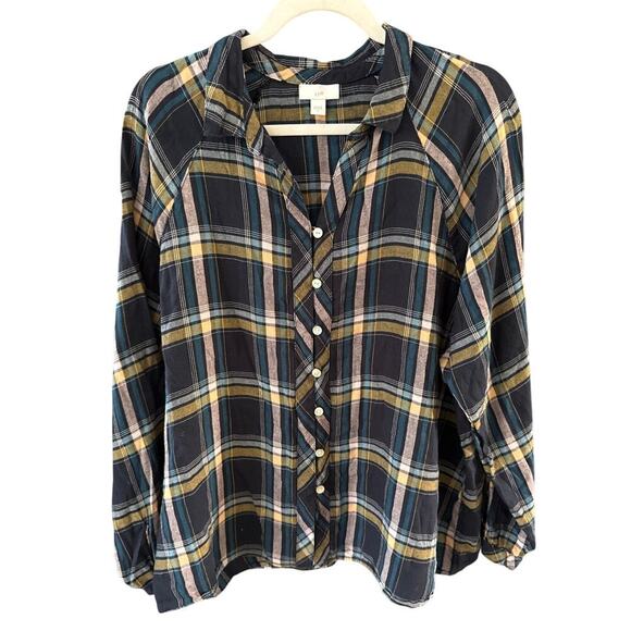 J. Jill Tops - J. Jill Womens Button Up Plaid Top Large Cotton Modal Mother of Pearl Buttons